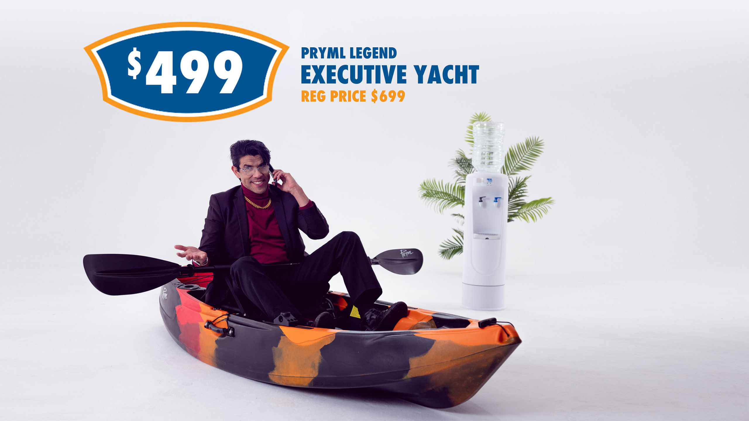 Man in kayak in suit on business call